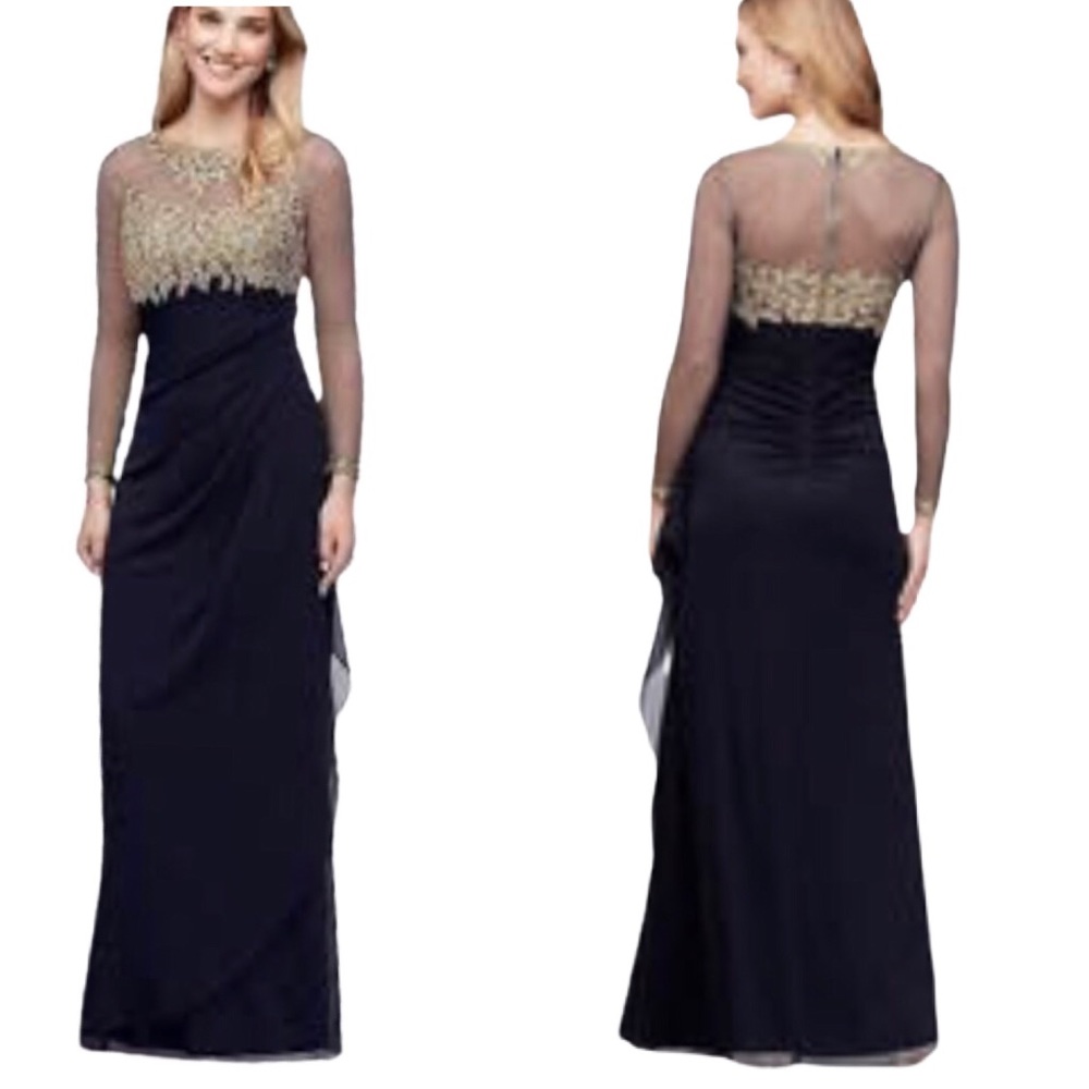 Navy Chiffon Gold Sequined Formal Gown